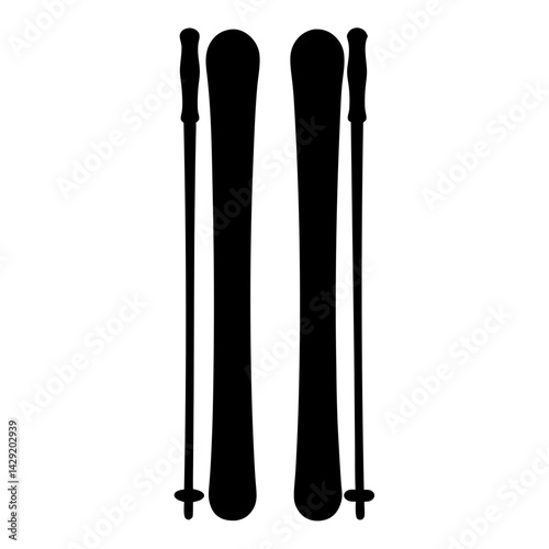 Black silhouette of skis and poles for skiing in the winter season