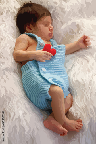 Cute baby boy sleep on white fluffy blanket and hold a little red heart in his hand. Love and health care concept. Image trace vector. 