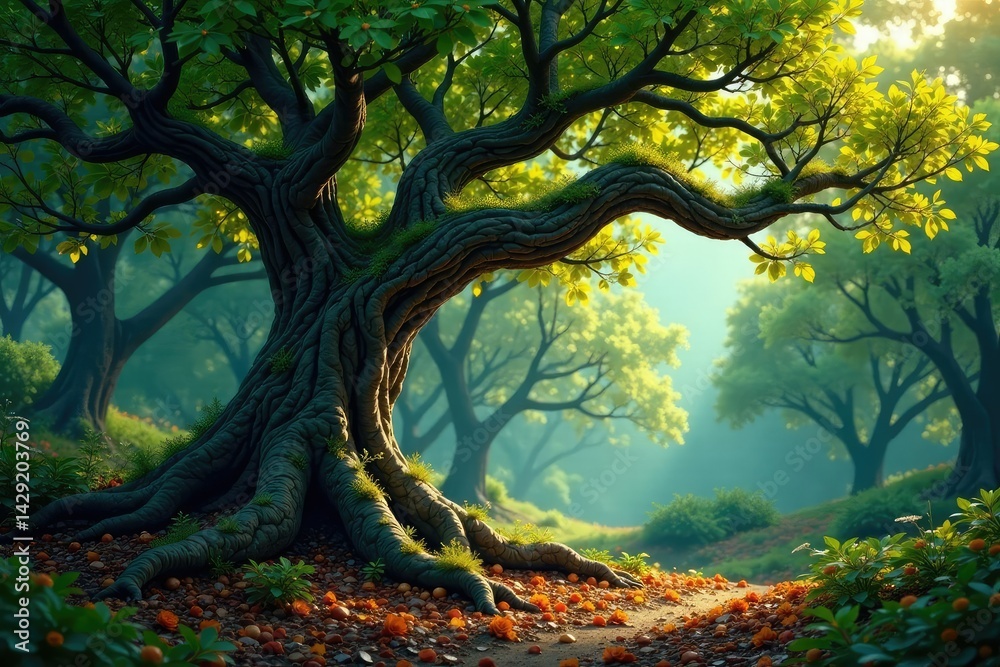 Ancient tree with gnarled trunk and twisted roots, forest floor, trees Ancient tree with gnarled trunk and twisted roots, forest floor, trees