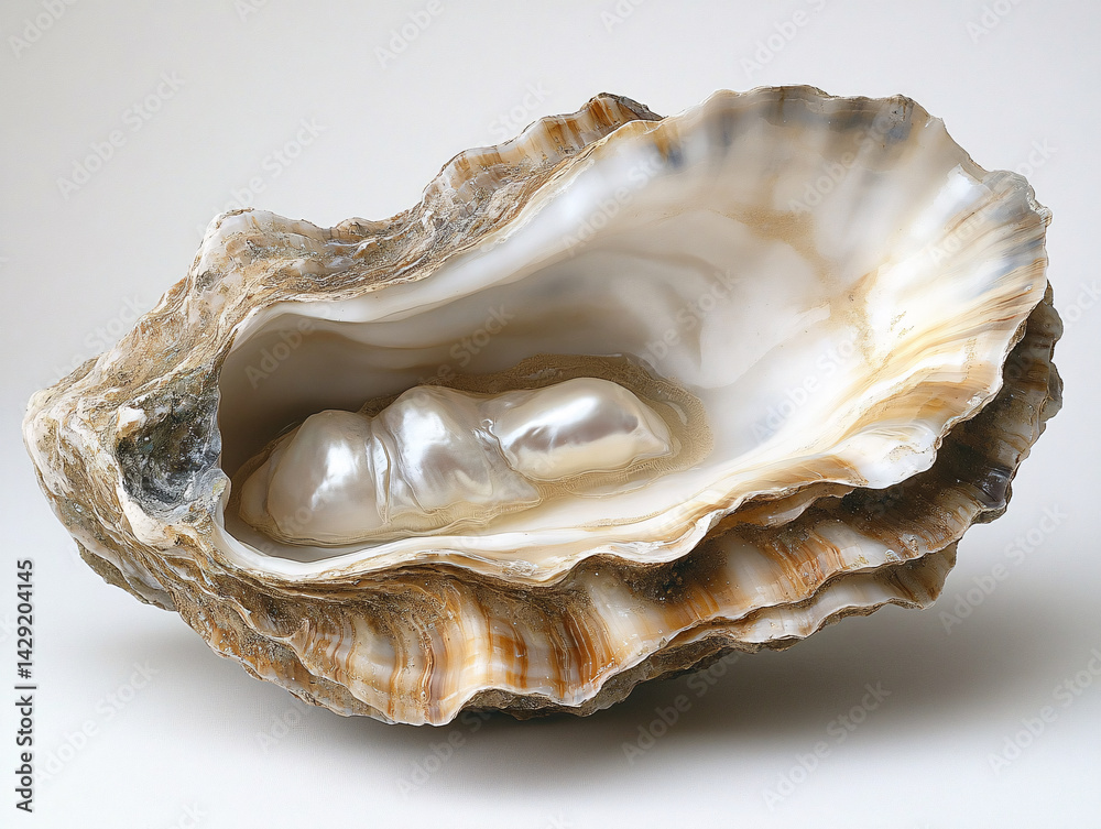 an open oyster shell with a pearl inside. The oyster shell is brown and has a ridged texture, and the pearl is light-colored with a iridescent sheen. an open oyster shell with a pearl inside. The oyster shell is brown and has a ridged texture, and the pearl is light-colored with a iridescent sheen.