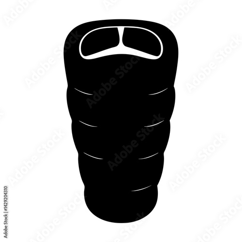 Black and white illustration of a sleeping bag with hood and baffles