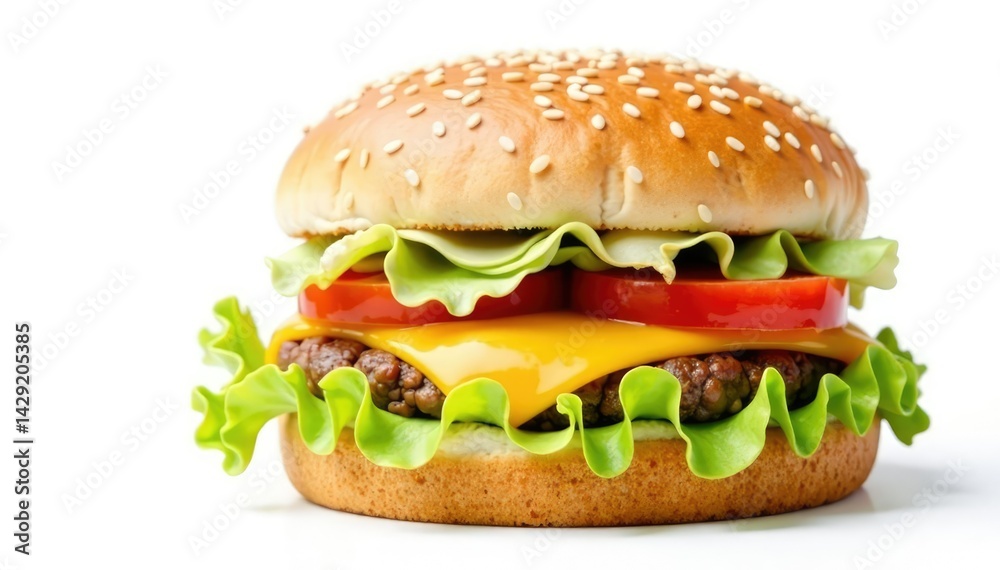 Burger with cheese and lettuce, isolated on white, cheeseburger, fatty Burger with cheese and lettuce, isolated on white, cheeseburger, fatty