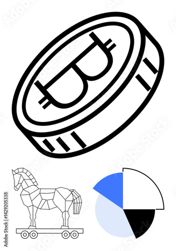 Large Bitcoin coin in focus, polyhedral Trojan horse, and segmented pie chart. Ideal for cryptocurrency, fraud, security, blockchain, risk statistics technology themes. Flat simple metaphor