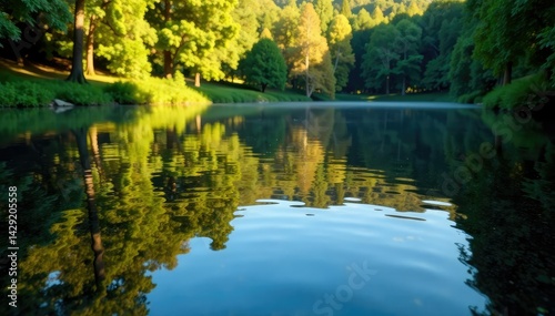 Calm water reflecting surrounding trees, ripples forming abstract shapes , green, texture
