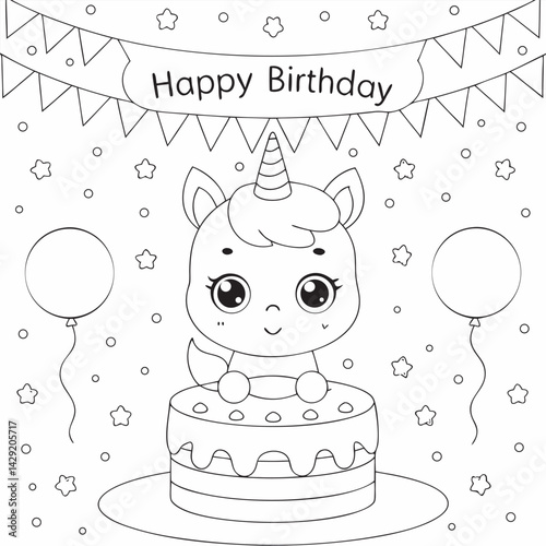 Happy Birthday Unicorn Cake Coloring Page, drawing design