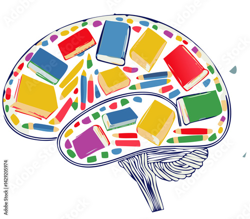Creative Brain Made of Books and Learning Icons – Knowledge, Education, and Intellectual Growth Concept

