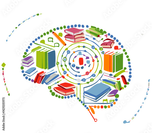 Creative Brain Made of Books and Learning Icons – Knowledge, Education, and Intellectual Growth Concept

