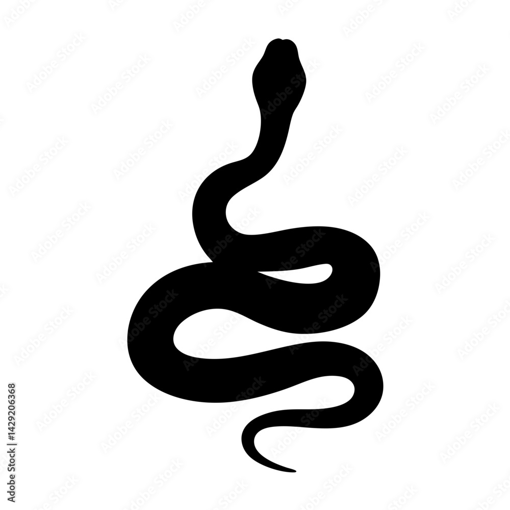 Fototapeta premium Simple Black Snake Silhouette with Coiled Body on White Background