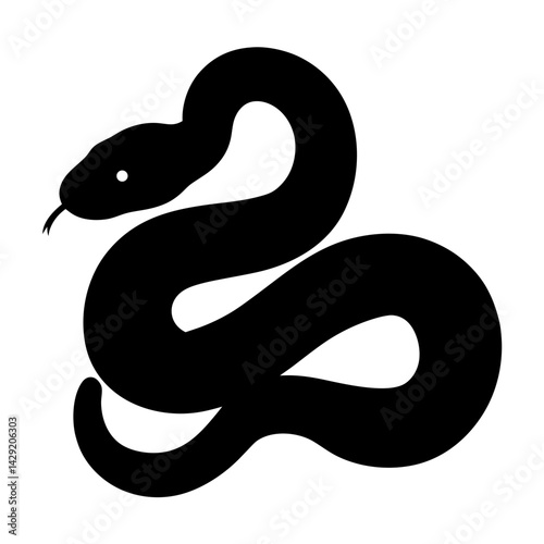 Simple Black and White Silhouette Image of a Coiled Snake with Tongue