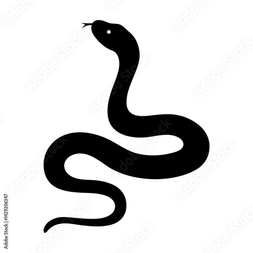 Stylized black snake with forked tongue protruding on a white background