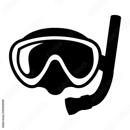 Black and white graphic illustration of a snorkeling mask and tube