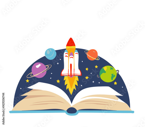 Imaginative Open Book with Rocket and Outer Space Adventure – Kids Learning Concept

