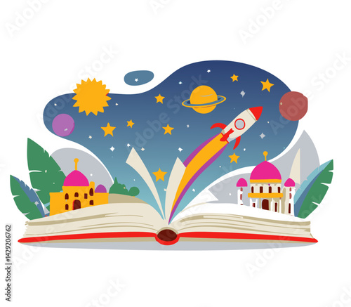 Imaginative Open Book with Rocket and Outer Space Adventure – Kids Learning Concept

