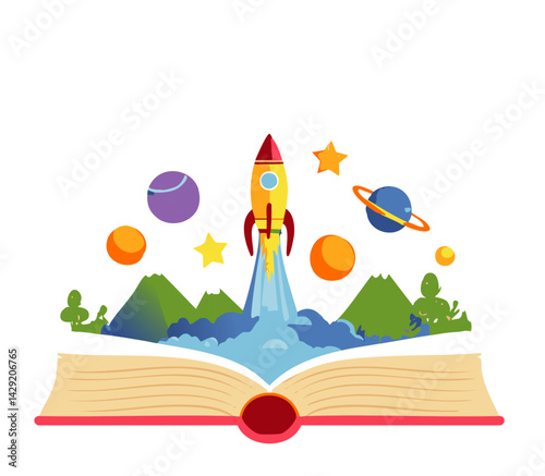Imaginative Open Book with Rocket and Outer Space Adventure – Kids Learning Concept

