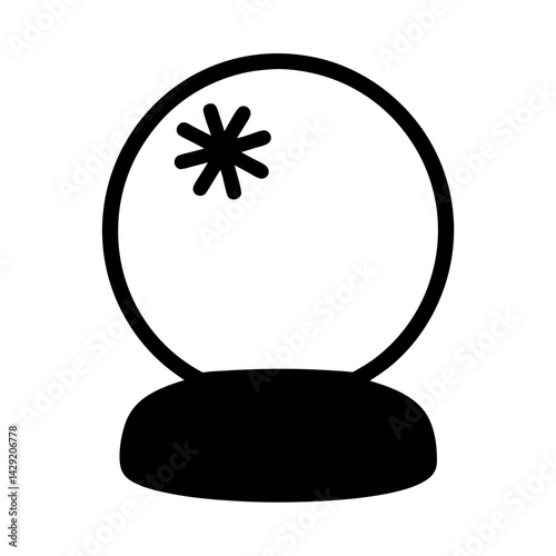 Simple black and white illustration of a snow globe with a snowflake