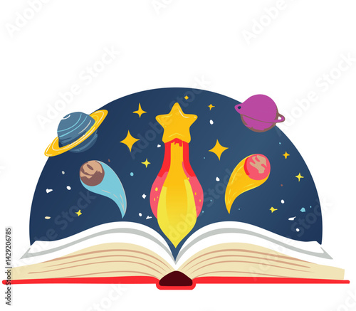 Imaginative Open Book with Rocket and Outer Space Adventure – Kids Learning Concept

