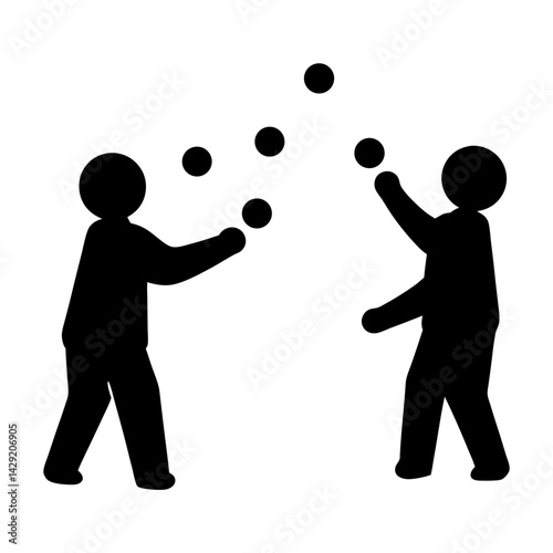 Silhouette illustration of two people juggling several balls in the air