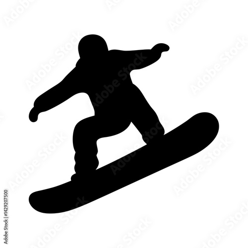 Silhouette of snowboarder gliding across a snowy surface with outstretched arms