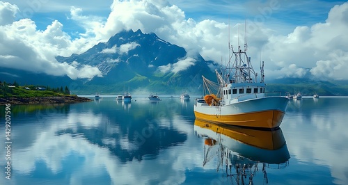 Fishing boats moored in still waters reflecting mountains and cloudy sky
