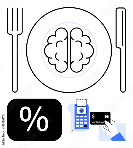 Brain as food on plate between utensils, percentage symbol, card payment terminal with hand holding card. Ideal for business, finance, innovation, learning, decision-making, strategy flat simple