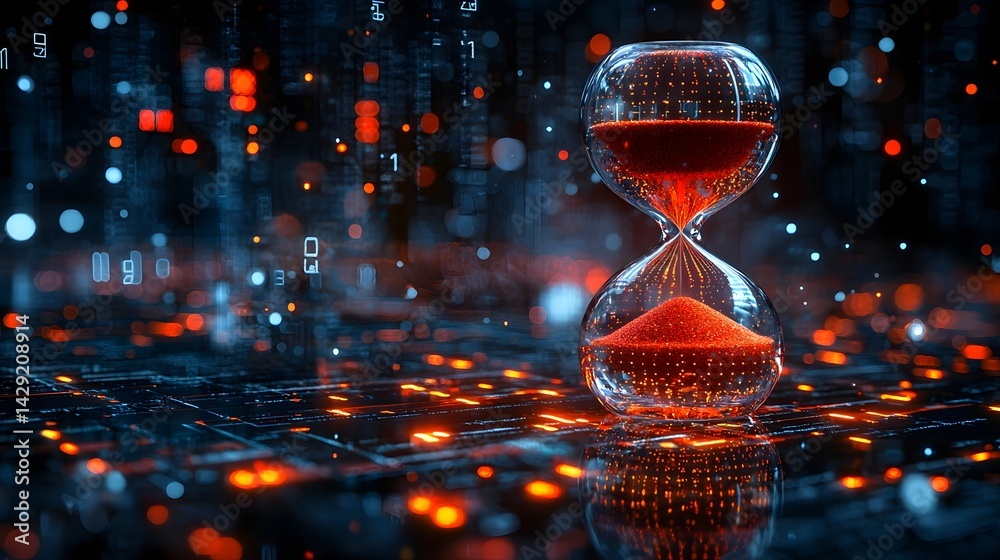 Captivating holographic hourglass with glowing red sand