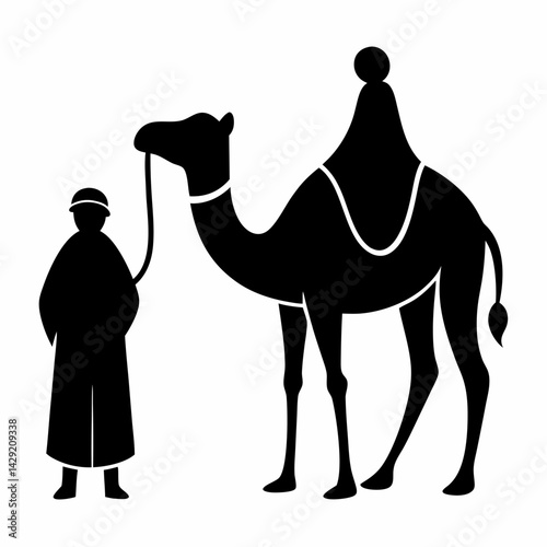 Camel and Man silhouette on white background.