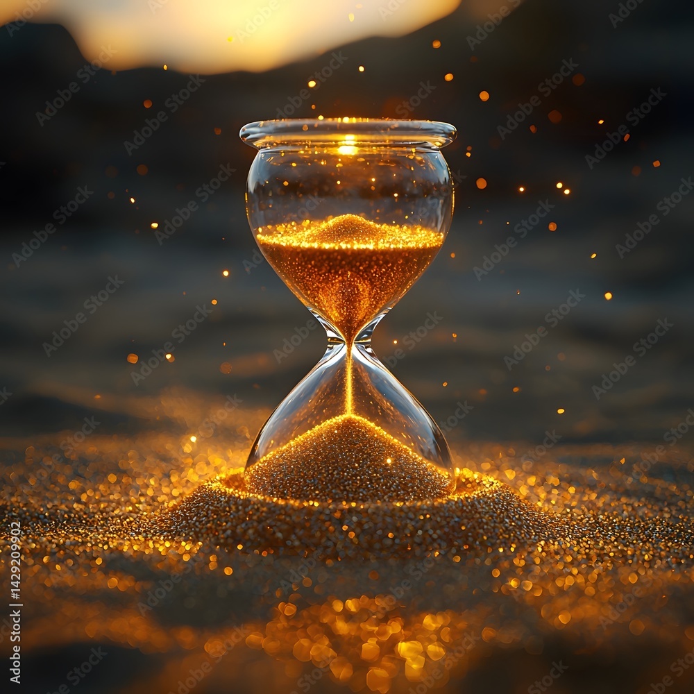 Hourglass of golden sand in a tranquil sunset