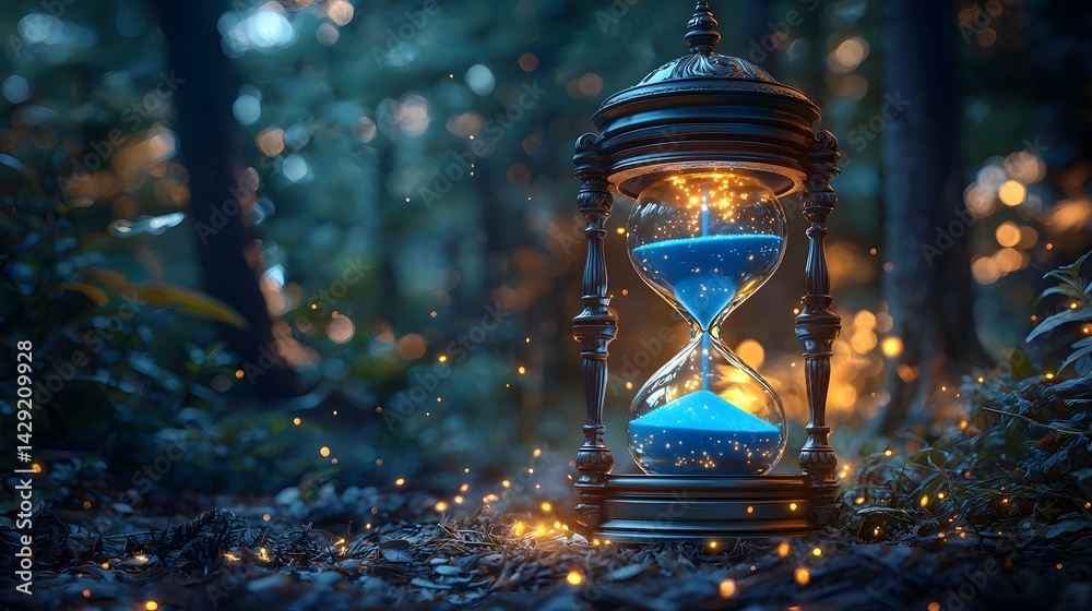 A mystical hourglass set against an enchanted forest backdrop