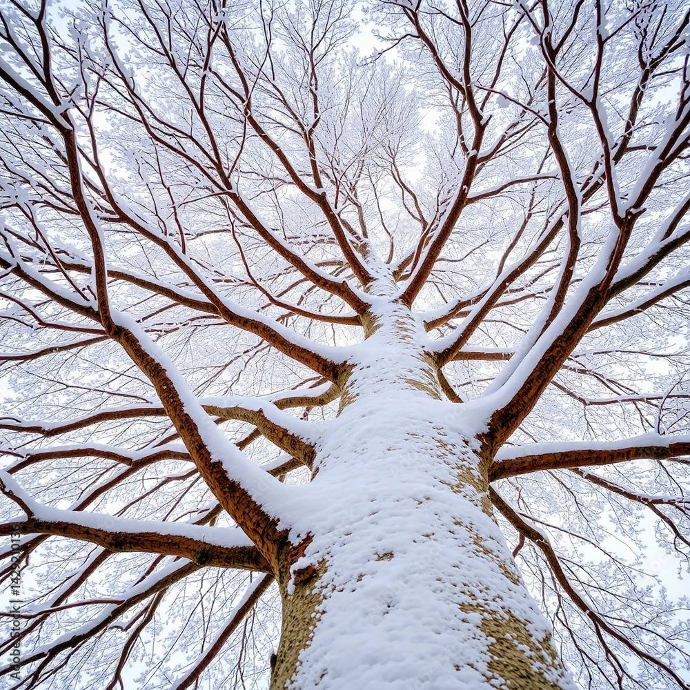 Obraz premium The contrast of white snow on brown bark highlights a tall tree's intricate branches in a peaceful winter setting