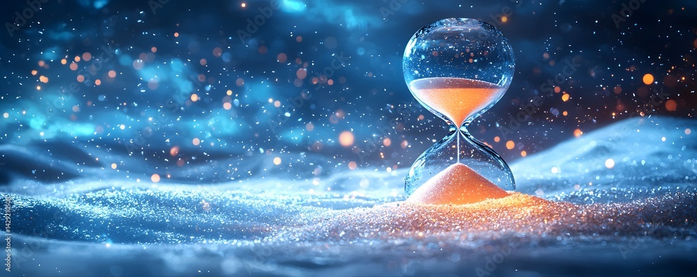 Frozen time A shattered hourglass in a surreal landscape