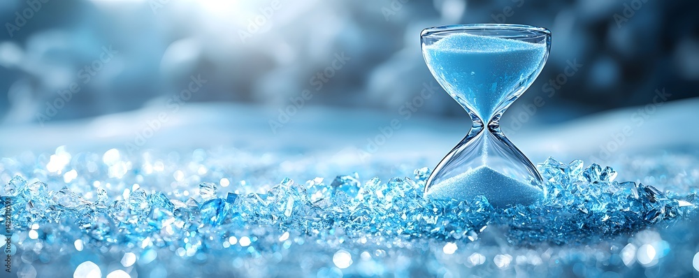 Frozen in time A shattered hourglass icon suspended in a surreal icy landscape