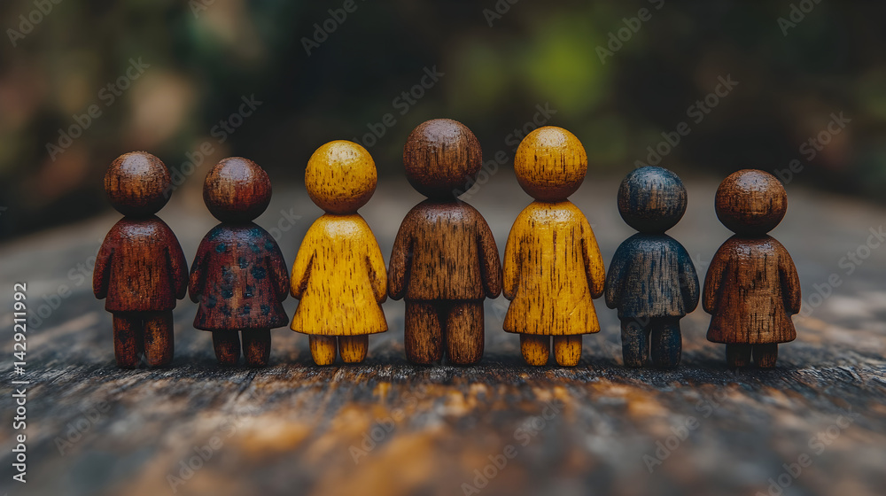 Wooden figurines arranged to represent family separation, highlighting divorce dynamics Wooden figurines arranged to represent family separation, highlighting divorce dynamics