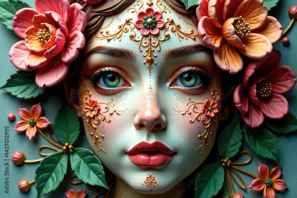 Intricate floral design etched into a clay visage , relief, rustic, white Intricate floral design etched into a clay visage , relief, rustic, white