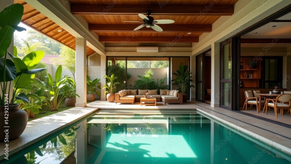 Obraz premium Modern pool area with ceiling fan and comfortable couch surrounded by lush greenery for a relaxing outdoor retreat