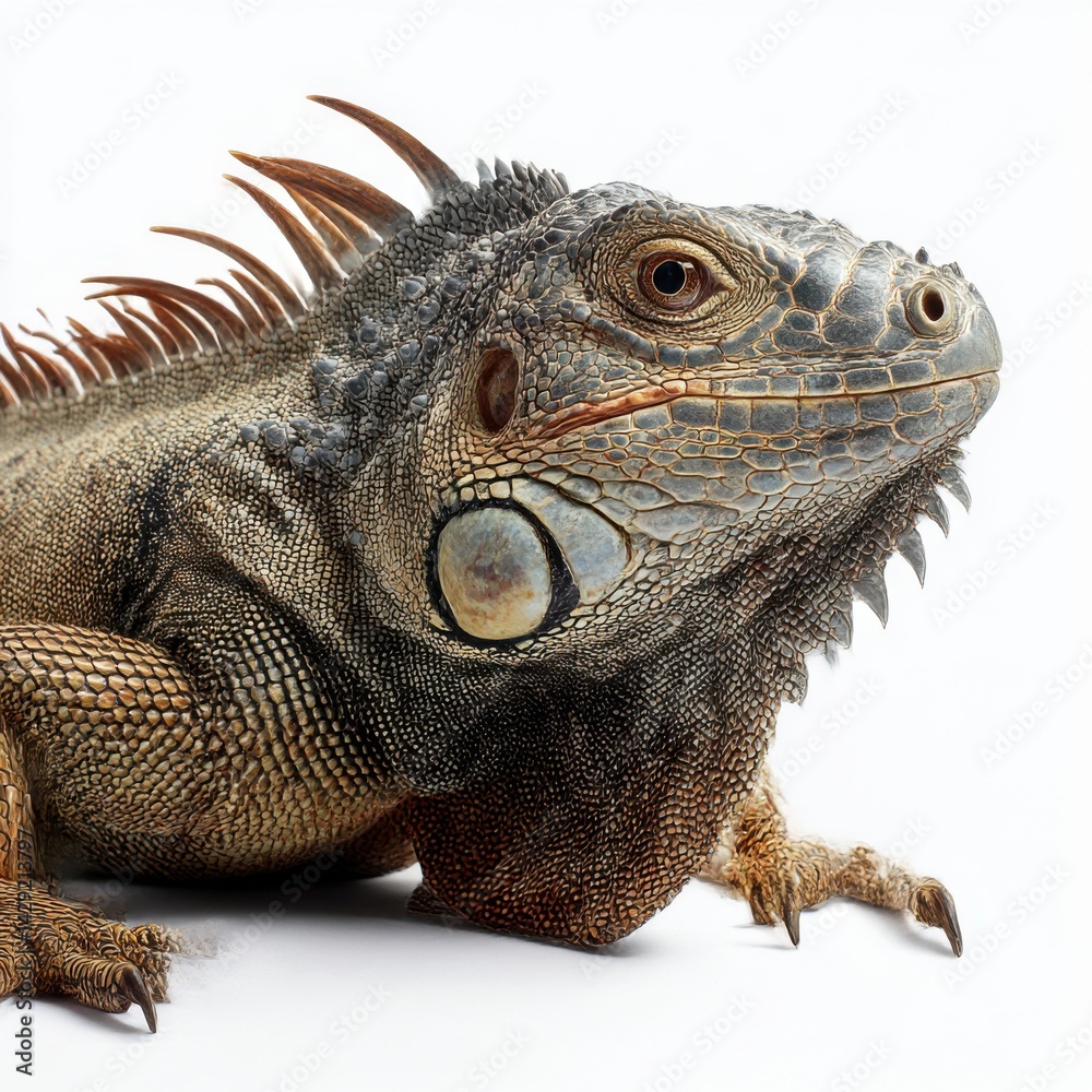 Fototapeta premium Close-up of iguana head with detailed texture and scales isolated on white background