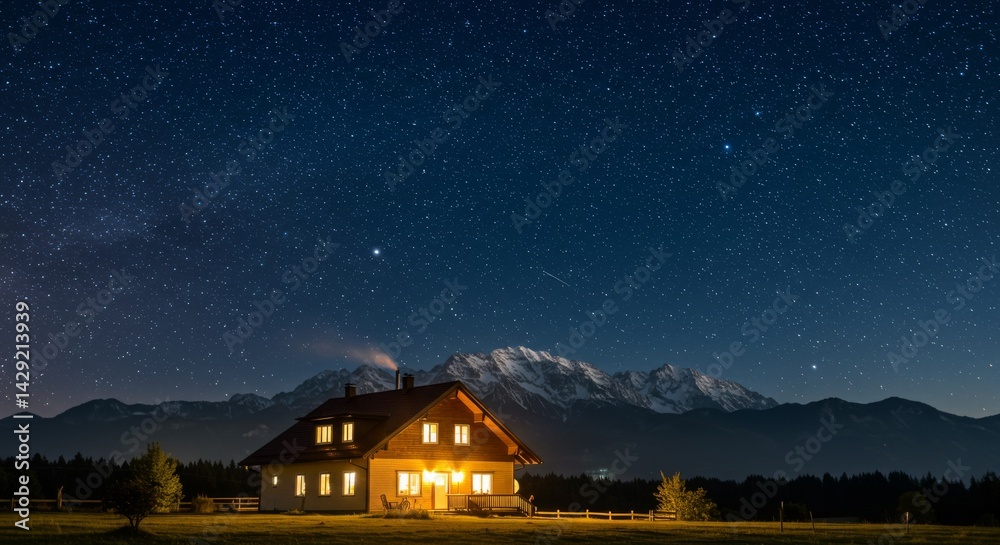 Cozy Mountain House Under Starry Night - Illuminated house nestled in a tranquil mountain valley under a breathtaking starry night sky Cozy Mountain House Under Starry Night - Illuminated house nestled in a tranquil mountain valley under a breathtaking starry night sky
