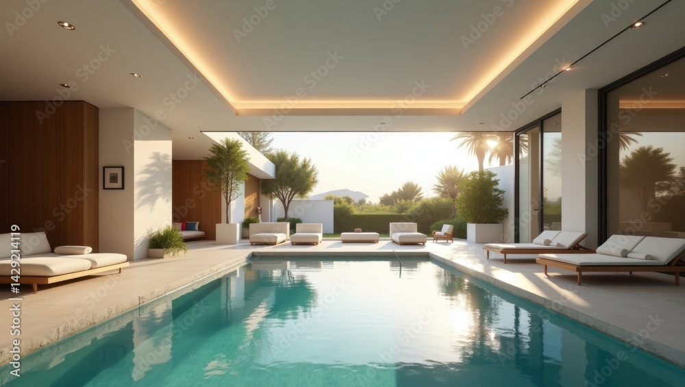 Fototapeta premium Elegant pool surrounded by beautiful landscaping inviting guests for a refreshing swim in a luxurious outdoor oasis