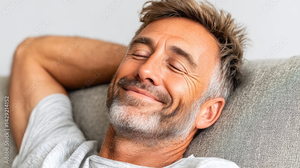 Obraz premium Relaxed Mature Man Enjoying Peaceful Moment on Sofa