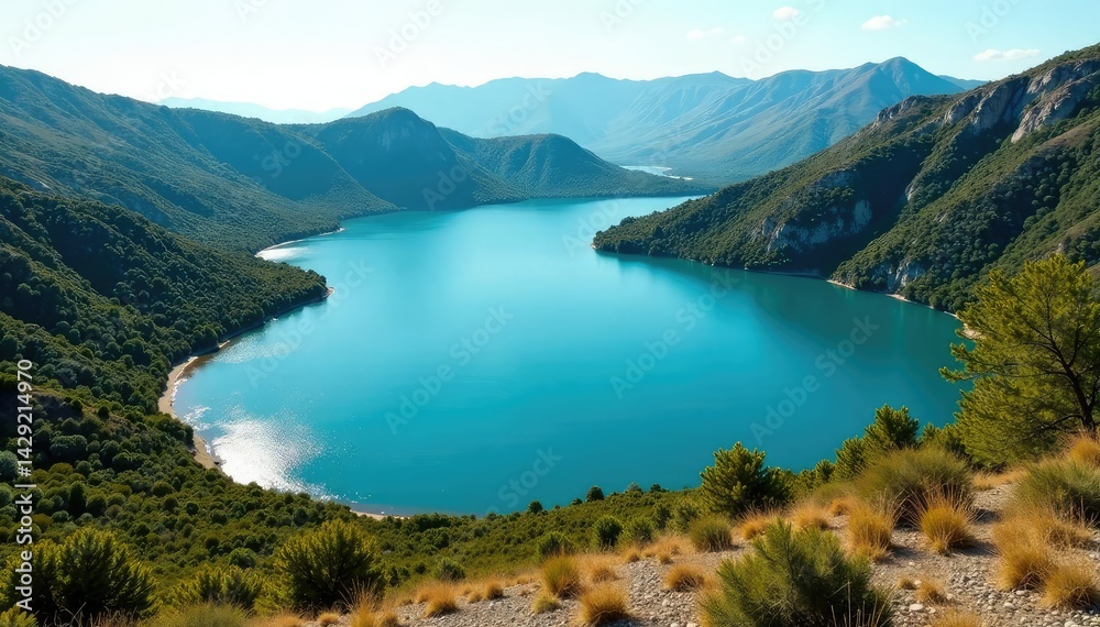 Obraz premium Irregularly shaped lake with winding shoreline and diverse plant life, water, bushes
