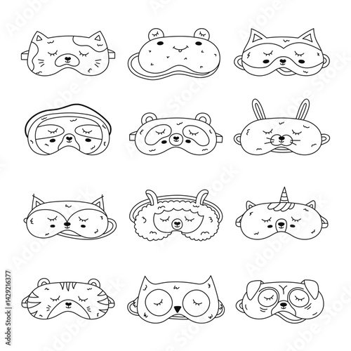 Big outline doodle animal sleeping mask set in the shape of pet head. Cute kids eye mask collection with cat, frog, tiger, pug head. Hand drawn good night accessory for resting isolated on white.