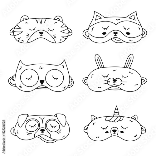 Childish black and white animal sleeping mask set in the shape of tiger, raccoon, owl, bunny, pug, unicorn head. Funny kids eye mask collection with pet. Hand drawn sweet dreams accessory for nap.