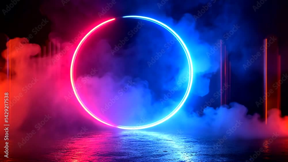 Neon Circle in Misty Atmosphere with Colorful Lights Neon Circle in Misty Atmosphere with Colorful Lights