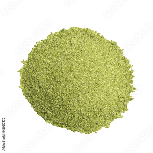 Matcha green tea powder on a white background in a flat top view. Healthy Asian lifestyle drink shown with organic Sencha herb heap. Natural look of Zen food ingredient with splash of ground chlorella