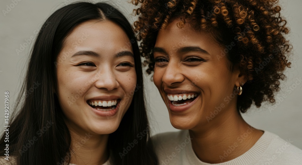 Genuine Joy: Portrait of Two Happy Women - Two diverse women, an Asian woman and a Black woman, share a genuine moment of laughter and happiness, symbolizing friendship, diversity, joy, connection Genuine Joy: Portrait of Two Happy Women - Two diverse women, an Asian woman and a Black woman, share a genuine moment of laughter and happiness, symbolizing friendship, diversity, joy, connection