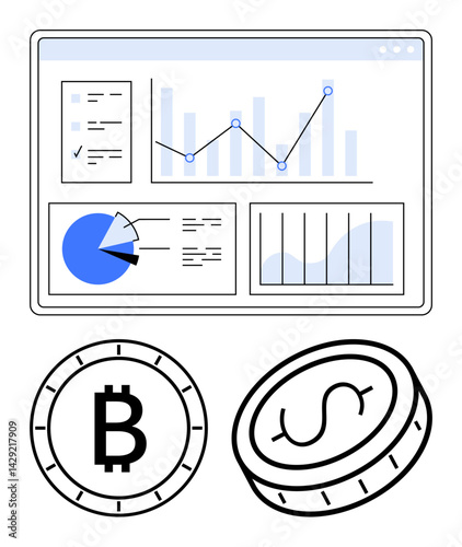 Analytics display with bar charts, pie graphs, and cryptocurrency coins. Ideal for finance, investment, cryptocurrency, market trends, business analysis, trading simple landing page