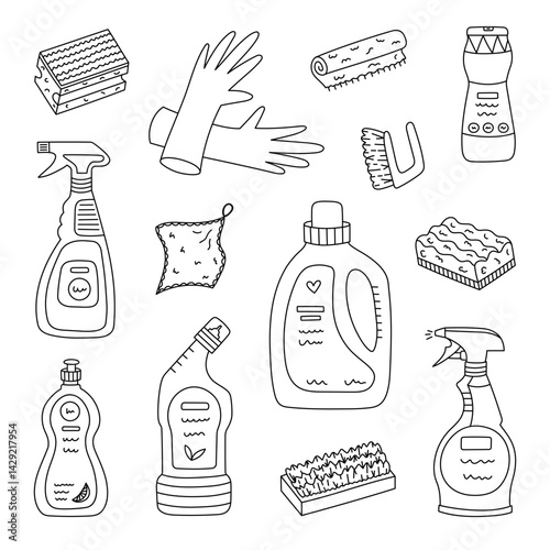 Lovely sketch doodle set with washing bottles and supplies. Hand drawn laundry and dishwashing gel, rubber gloves, sponges, rags, dispenser. Funny sanitize line clipart isolated on background