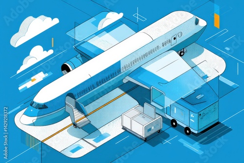 Illustrative Airplane Scene with Modern Airport Elements and Design