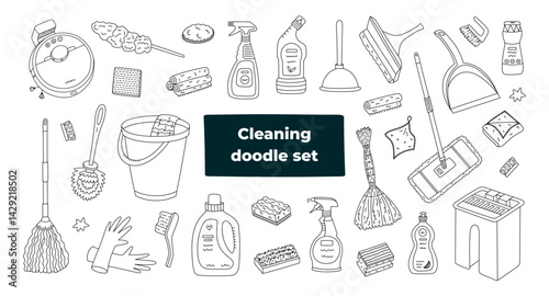 Big hand drawn doodle set with cleansing supplies. Line black and white collection to clean up dirt, grime, dust, garbage, mess in the apartment. Lovely housekeeping devices and cleansers.