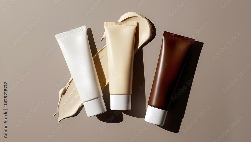 Selection of cream tubes arranged on a neutral background showcasing various shades