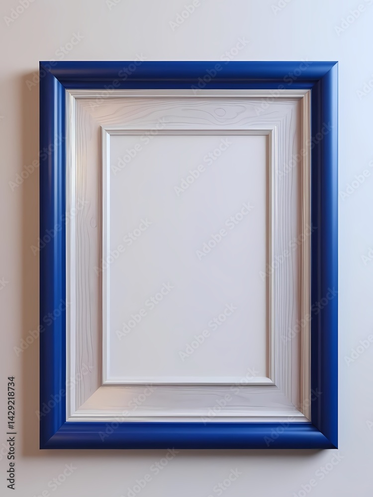 Decorative blue and white frame placed against a neutral wall